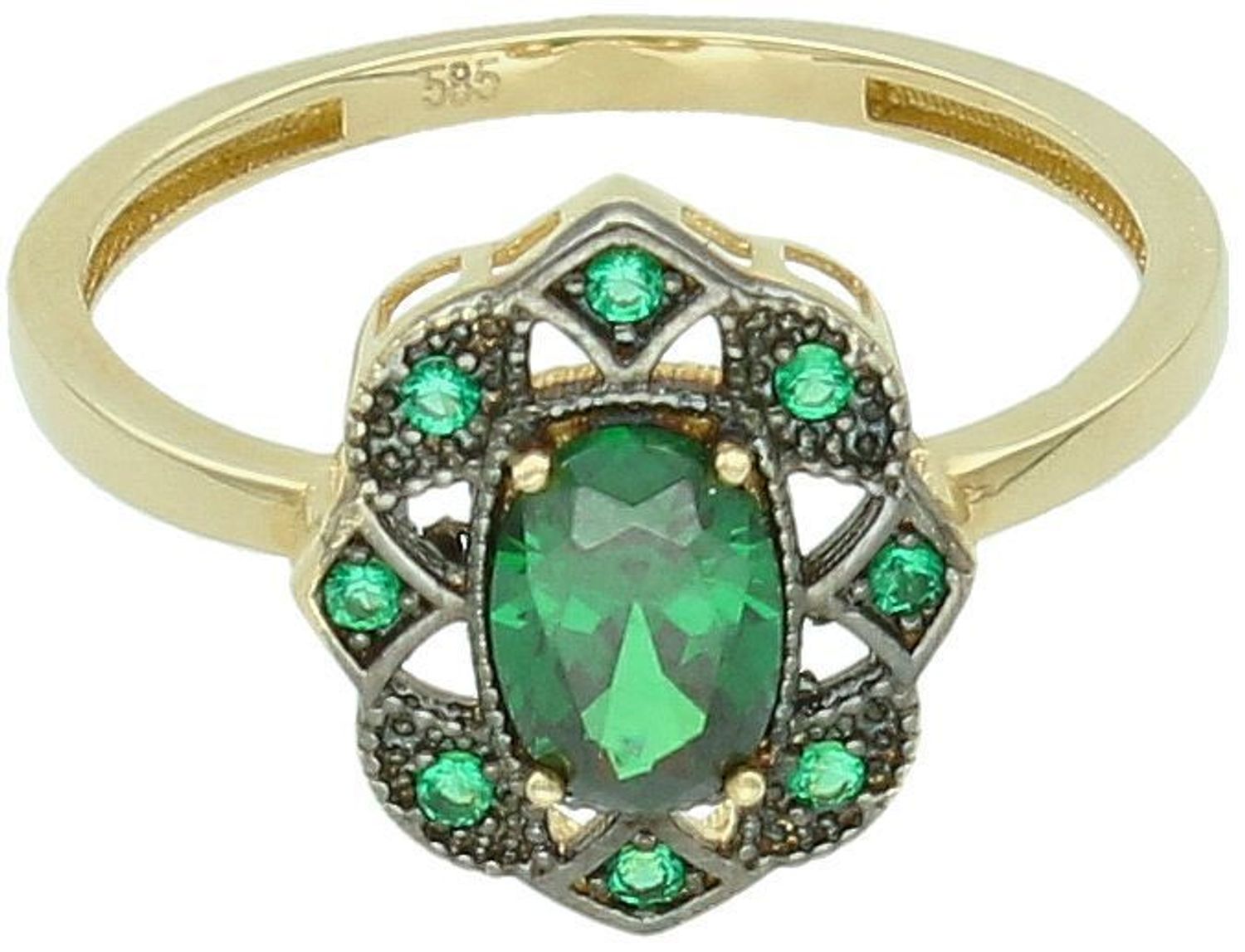 Złoty pierścionek damski PI 6623A 585 z owalnym wzorem i zielonymi cyrkoniami. Próba 585, rozmiar 17, waga 2,25 g. Idealny na prezent lub wyjątkową okazję.1.jpg